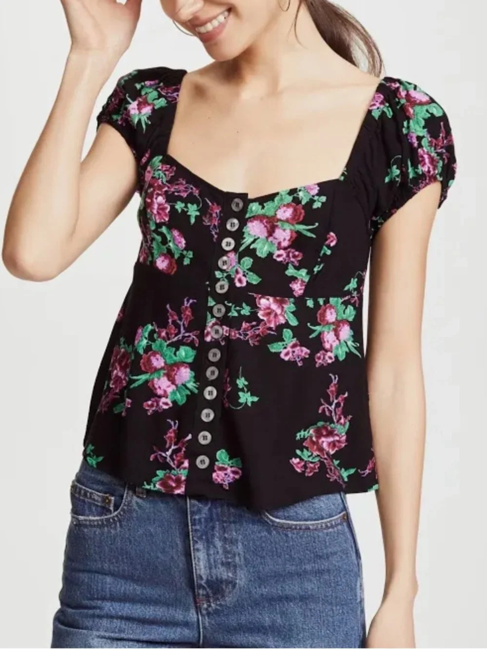 Free people puff sleeve Black Floral Button-Front Women's Top
